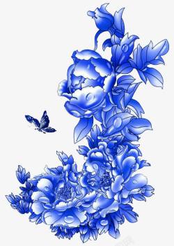 古风蓝色花朵蝴蝶素材