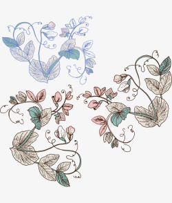 手绘浅彩色树枝叶子花朵图案矢量图素材