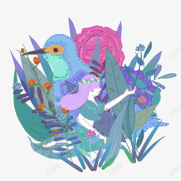 卡通手绘绿色叶子png免抠素材_88icon https://88icon.com 创意 动漫动画 卡通手绘 简约 绿色叶子 蓝色的鸟