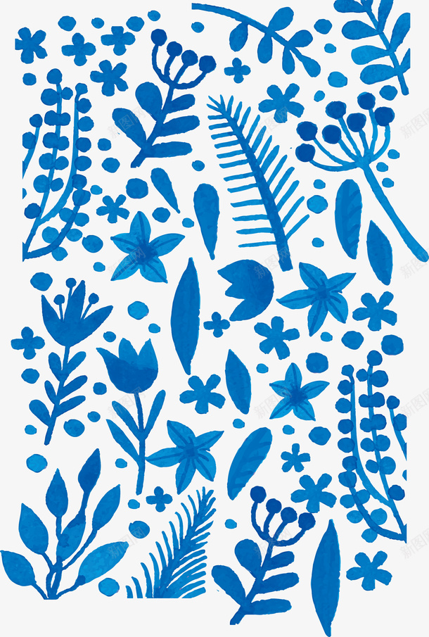 蓝色水彩植物图案矢量图ai免抠素材_88icon https://88icon.com 图案设计 手绘植物 水彩植物 矢量图