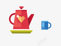 红色的茶壶与蓝色的水杯矢量图素材