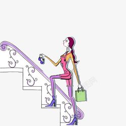 卡通时尚女孩爬楼梯素材