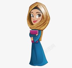 卡通手绘阿拉伯穆斯林女人抱书素材