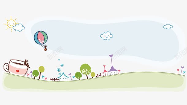 卡通的小东西png免抠素材_88icon https://88icon.com 卡通 小房子 热气球 粉红色的咖啡杯 绿树林