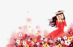 花丛中的红裙女孩素材