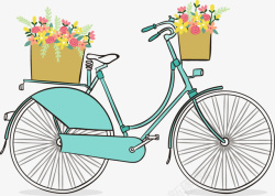 手绘绿色自行车花篮图案矢量图素材