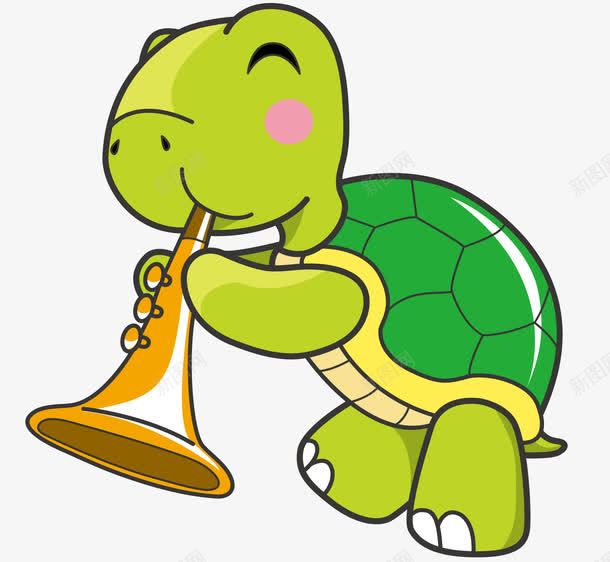 一只吹乐器的乌龟png免抠素材_88icon https://88icon.com 卡通 卡通动物 可爱动物 小乌龟 绿色身体 金色乐器