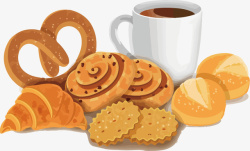 手绘面包圈手绘面包饼干咖啡早点高清图片