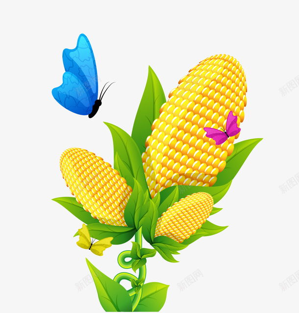 玉米上的蝴蝶装饰矢量图ai免抠素材_88icon https://88icon.com 手绘玉米 植物装饰 矢量植物 矢量玉米 矢量图
