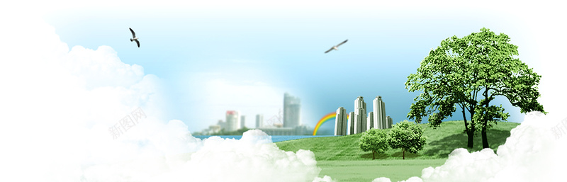 科技创意城市高楼树木草坪彩虹云彩背景摄影图片