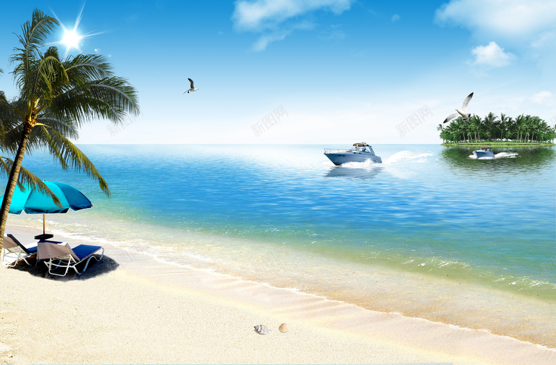 美好时光旅游海报背景psd设计背景_88icon https://88icon.com 光点 大海 旅游 椰树 沙滩 沙滩椅 海 海星 海滩 热气球 白云 美好时光 蓝天 风景