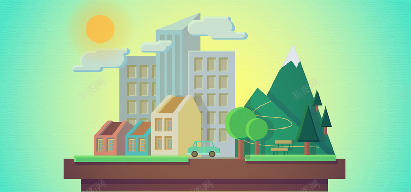 淘宝矢量卡通创意城市风景建筑太阳树木海报背景