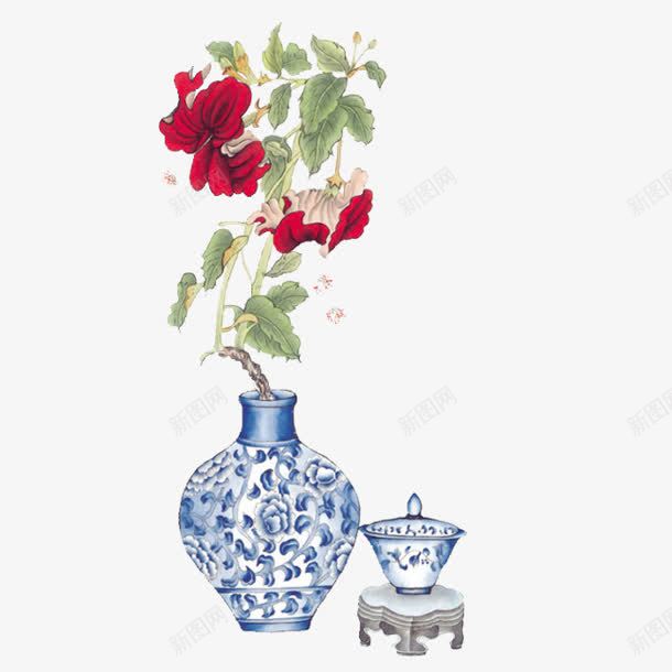 蓝色瓷瓶红色花朵png免抠素材_88icon https://88icon.com 瓷瓶 红色 花朵 蓝色