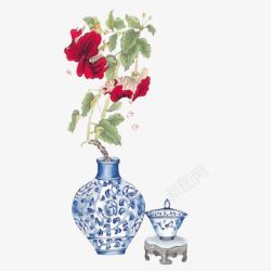 蓝色瓷瓶蓝色瓷瓶红色花朵高清图片