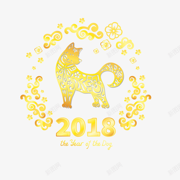 卡通2018狗年花卉png免抠素材_88icon https://88icon.com 卡通花卉 小狗 狗年装饰 背景装饰 金色2018