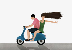 手绘插画情侣骑摩托车兜风素材