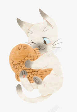 手绘猫抱着鱼素材