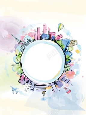 矢量水彩手绘旅游城市圆环背景背景
