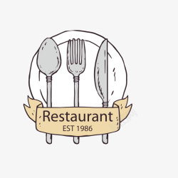刀叉勺子和餐盘餐馆标签矢量图素材