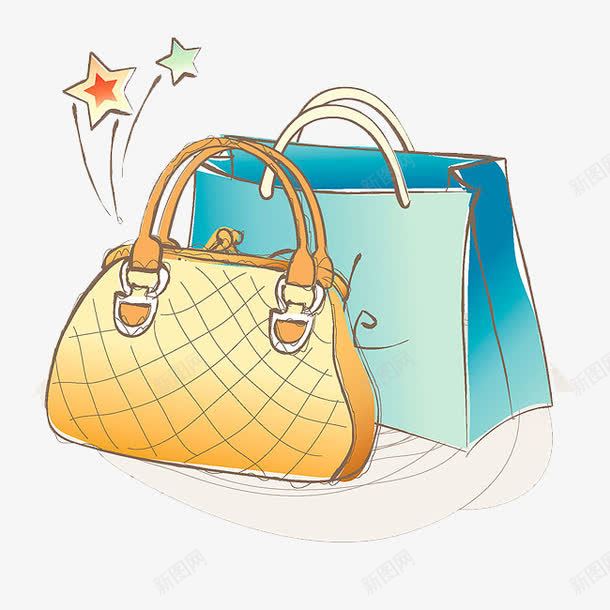 购物袋和包包png免抠素材_88icon https://88icon.com 卡通 手提包 手绘 简图 蓝色的 购物袋 黄色的