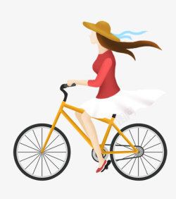 卡通手绘女孩骑自行车素材