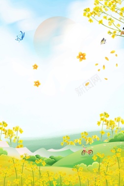 小清新春天你好油菜花风景插画背景
