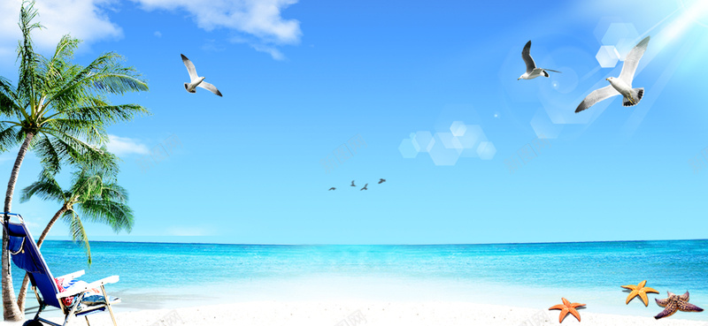 夏日梦幻海滩风景蓝色背景背景