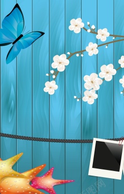 蓝色木板上的蝴蝶和花朵背景矢量图背景