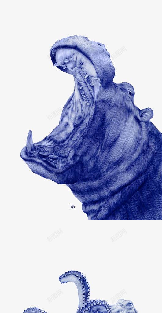 创意写实钢笔画png免抠素材_88icon https://88icon.com 写实 创意 动物 蓝色 钢笔画