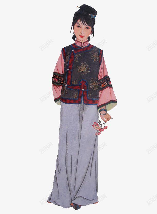 拿花的古代女子png免抠素材_88icon https://88icon.com 一位 古代 女子 手绘 简图 粉色 花朵 黑色