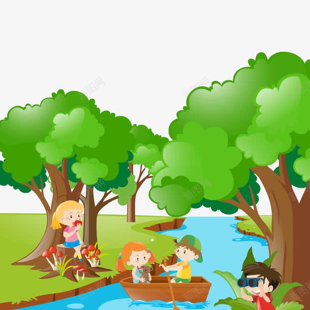 孩子在丛林玩的景观png免抠素材_88icon https://88icon.com 丛林 划船 孩子 小河 玩耍 矢量景观