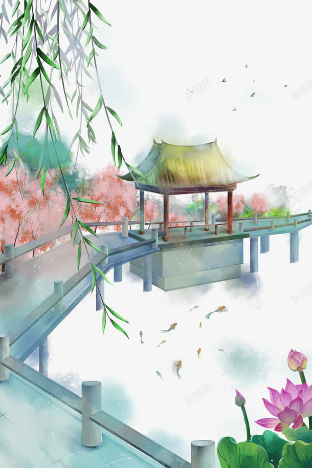 手绘古风亭台风景图psd免抠素材_88icon https://88icon.com 亭台 古风 手绘 晕染 柳条 桃花 桥 楼阁 水墨