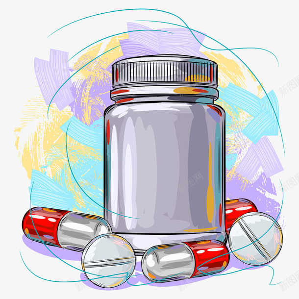 卡通彩绘药瓶子png免抠素材_88icon https://88icon.com 卡通 卡通西药 彩绘 胶囊 药 药瓶子