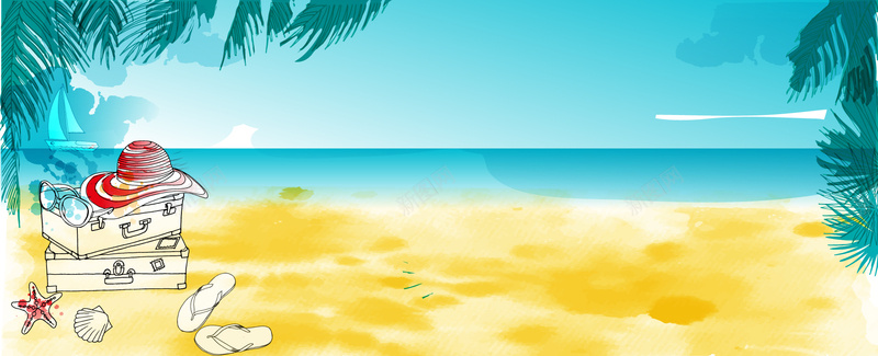 沙滩度假海边卡通海报背景矢量图背景