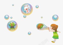 儿童泡浴六一儿童节卡通彩色泡泡人物吹动高清图片