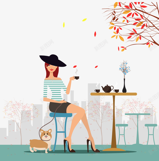 时尚美女矢量图ai免抠素材_88icon https://88icon.com 帽子 时尚 树叶 狗狗 美女 矢量图