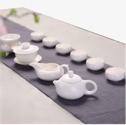 白色的茶具和蓝色的布素材