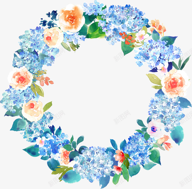 蓝色花环png免抠素材_88icon https://88icon.com 卡通 叶子 手绘 红色的 花朵 花环 蓝色的 装饰