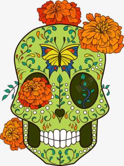 骷髅手印花装饰花和绿色骷髅头高清图片