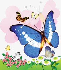 飞舞在花朵上的蓝色蝴蝶矢量图素材