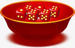 红色碗里的六个红色黄点骰子素材