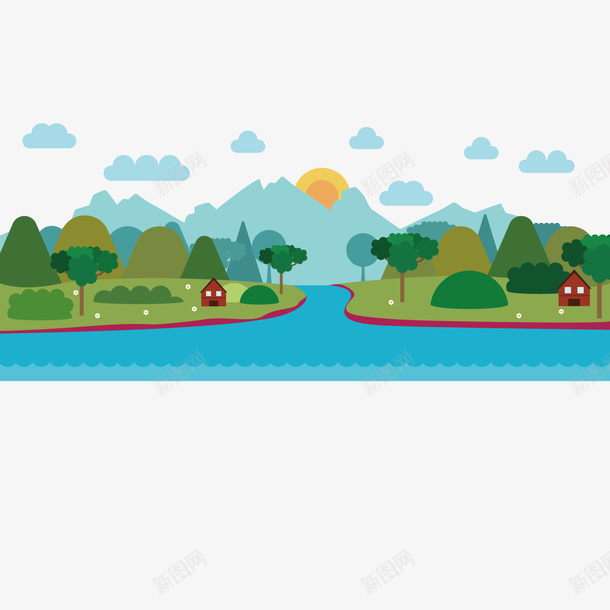 扁平化河流场景矢量图ai免抠素材_88icon https://88icon.com Q版场景 扁平化 植物 河流 矢量图