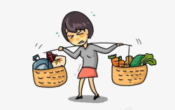 女子辛苦的挑着煤气罐大米和蔬菜素材