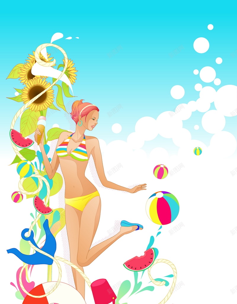 沙滩美女矢量图ai设计背景_88icon https://88icon.com 卡通 性感 手绘 比基尼 沙滩 童趣 美女 矢量图