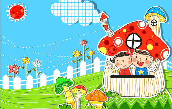 卡通儿童蘑菇房背景矢量图背景