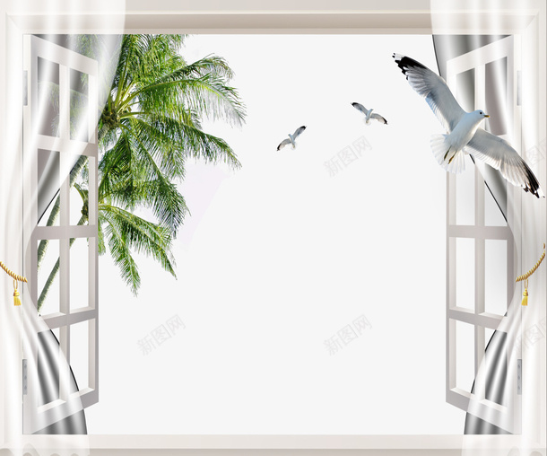 窗户海鸥椰子树png免抠素材_88icon https://88icon.com 椰子树 海鸥 窗帘 窗户