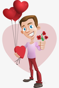 卡通手绘情人节男子拿花朵心形矢量图素材