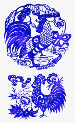 蓝色中国风剪纸公鸡装饰图案素材