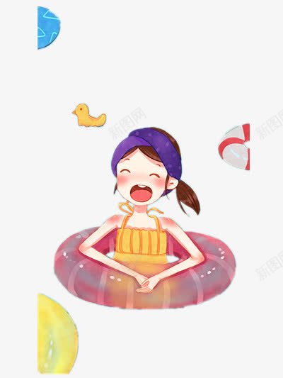 卡通手绘png免抠素材_88icon https://88icon.com 卡通女孩 夏天 泳圈 游泳