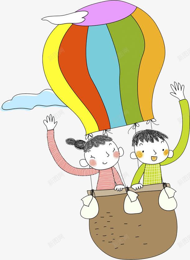 坐热气球的男孩和女孩png免抠素材_88icon https://88icon.com 卡通 女孩 彩色 手绘 挥手 热气球 男孩 蓝云